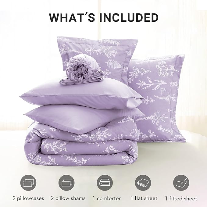 MUXHOMO Lavender Purple Bed in a Bag Queen 7 Pieces, Queen Comforter Set Reversible Botanical Flowers Design, Ultra Soft & Breathable Bedding Sets with Comforter, Sheets, Pillowcases & Shams