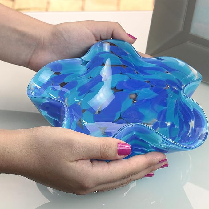 Ca D Oro Murano Style Decorative Blue Glass Bowl Confetti Effect Hand Blown Art Glass Crystal for Home, Room Decoration and Centerpiece - Waved