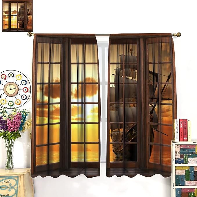 Retro Ship Curtains, Window View Sailing Boat Ship Schooner, Nautical Style Ocean Sunset Landscape Print Blackout Window Drapes for Boys Bedroom Living Room 55x63in