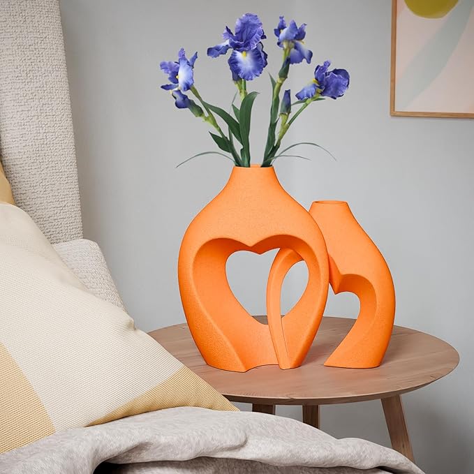 Orange Vases for Decor, Heart Shaped Ceramic Vase Set of 2, Nordic Heart Shaped Vases, Minimalist Decorative Vase for Table Centerpiece Wedding Dining Living Room Office House Decoration
