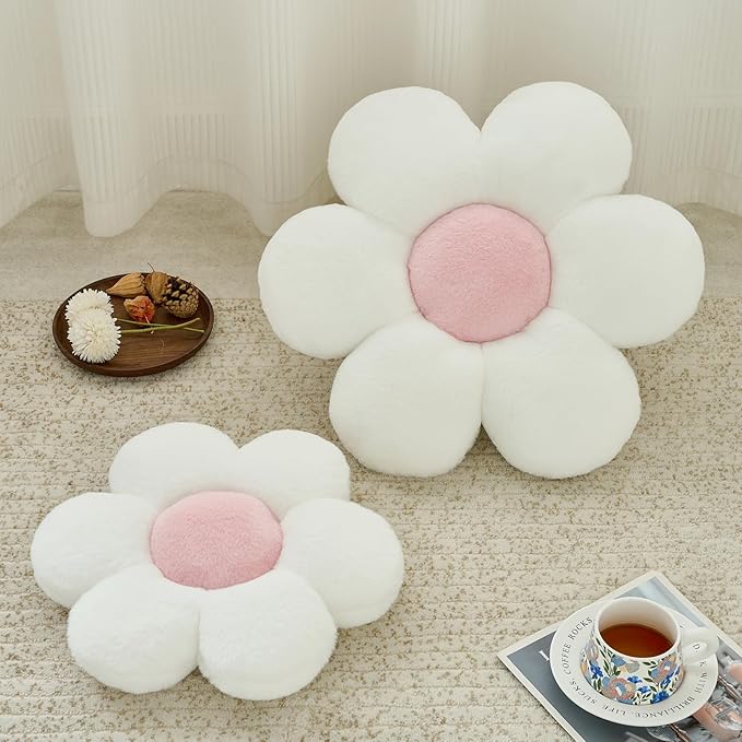 Flower Pillow, Decorative Throw Pillows for Couch Bed, Cute Daisy Home Decor Flower Shaped Pillows for Bedroom Living Room (White, 19.6 Inches)