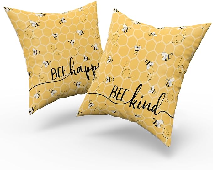 Giwawa Summer Pillow Covers Set of 2-16x16inch Bee Happy Decorative Square Pillowcases - Yellow Honeycomb Farmhouse Throw Cushion Cover for Sofa Couch Indoor Outdoor Living Room