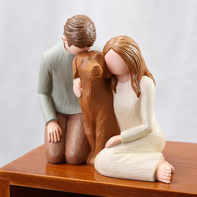 Couple with Dog Figurines, We Are A Family Dog Memorials Statues for Lovers