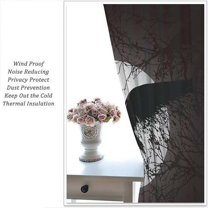 Cool Raven Print Curtains for Bedroom - Vintage Nordic Viking Theme Dead Tree Crow Full Moon Window Drapes,Energy Saving Thermal Insulated Rod Pocket Bedroom Blackout Curtains 2 Panels 63L x 27.5W