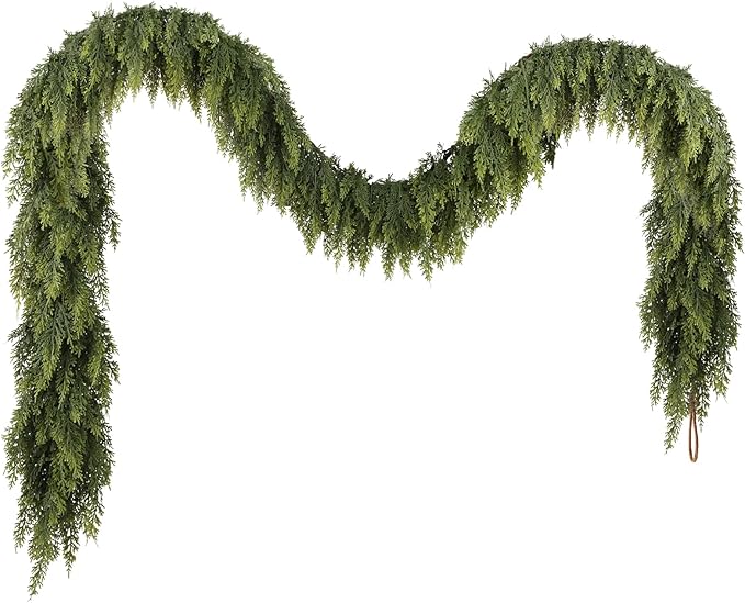 N&T NIETING 9ft Christmas Cedar Garland with Realistic Soft Thickness Pine, Artificial Green Faux Cedar Pine Garland for Fireplace Mantle Fireplace Indoor Outdoor Holiday Party Home Decoration