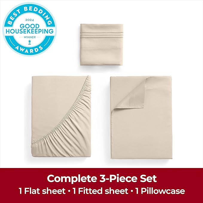 Mellanni Extra Deep Twin XL Sheets - 3 PC Iconic Collection Bedding - Hotel Luxury, Ultra Soft, Cooling Bed Sheets - Wrinkle, Fade, Stain Resistant (Twin Extra Long, Beige)