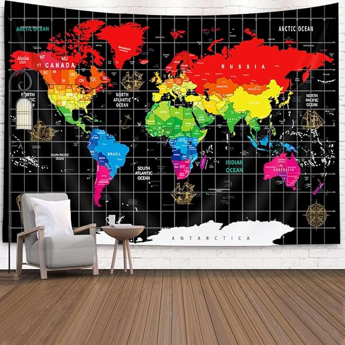 World Map Tapestry, Black Map World Vintag Topography Educational Wall Art Tapestries，Asia Europe South City Topography America Africa Japan Tapestry Wall Hanging 60X40 Inch