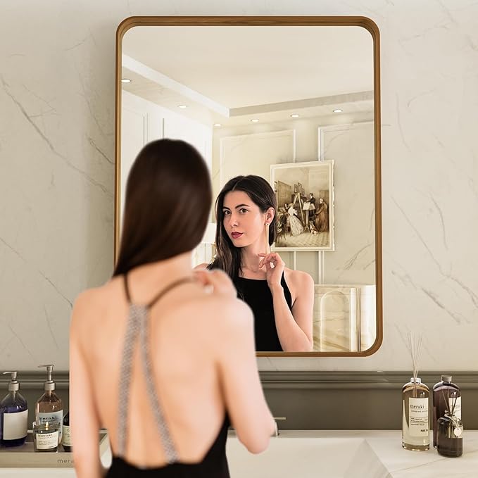 LOAAO 22X30 Inch Bathroom Mirror with Wood Grain Colored Metal Frame, Rounded Rectangle Metal Framed Bathroom Mirror, Anti-Rust, Hangs Horizontally or Vertically