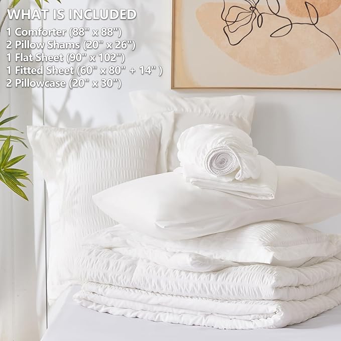 CozyLux Queen Comforter Set White Seersucker 7 Pieces Bed in a Bag Queen Comforter Set with Sheets, Luxury Soft Bedding Set with Down Alternative Comforter, Sheets, Pillowcases & Shams for All Seasons