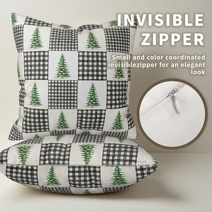 Winter Throw Pillow Covers 18x18 - Buffalo Plaid Pillowcase Set of 2 Christmas Tree Square Cushion Covers for Sofa Couch Bed
