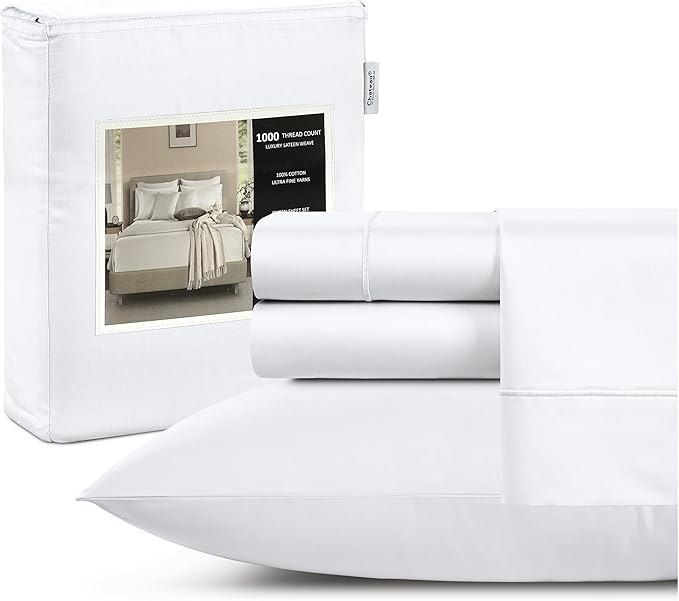 CHATEAU HOME COLLECTION 100% Cotton King Size Sheets Set - 1000 Thread Count Luxury Sateen Weave, Soft Breathable & Cooling, 15" King Sheets Deep Pocket - White