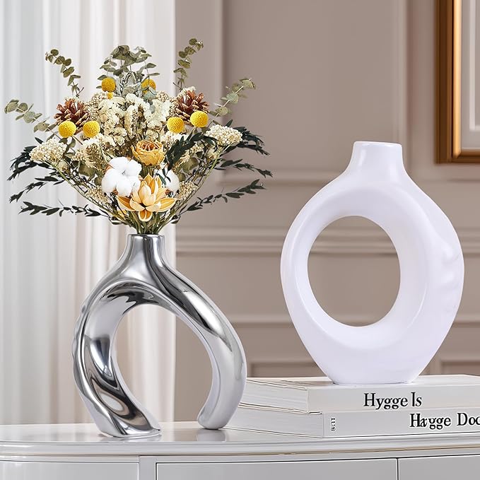 Silver Ceramic Vase Set of 2 for Modern Home Decor,Round Boho Vase for Pampas Grass,Neutral Minimalist Statue for Dining Room Table Centerpiece Dining Room,Wedding Table Decoration