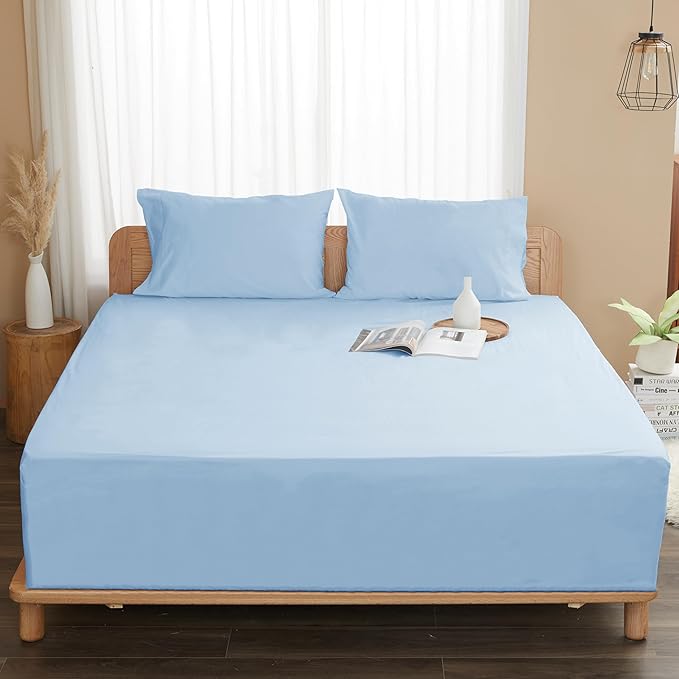 Sunflower Twin Fitted Sheet, 1-Piece Deep Pocket Fitted Bottom Sheet 15", 100% Cotton Sateen Soft Breathable, Powder Blue