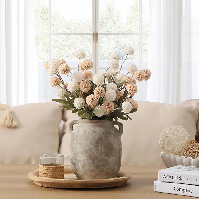 Ceramic Flower Vase Home Decor - 7.6 Inch Farmhouse Rustic Table Vases with Handle Living Room Decoration Decorative Vintage Pottery for Kitchen Shelf Coffee Dining Bookshelf Fireplace Centerpiece