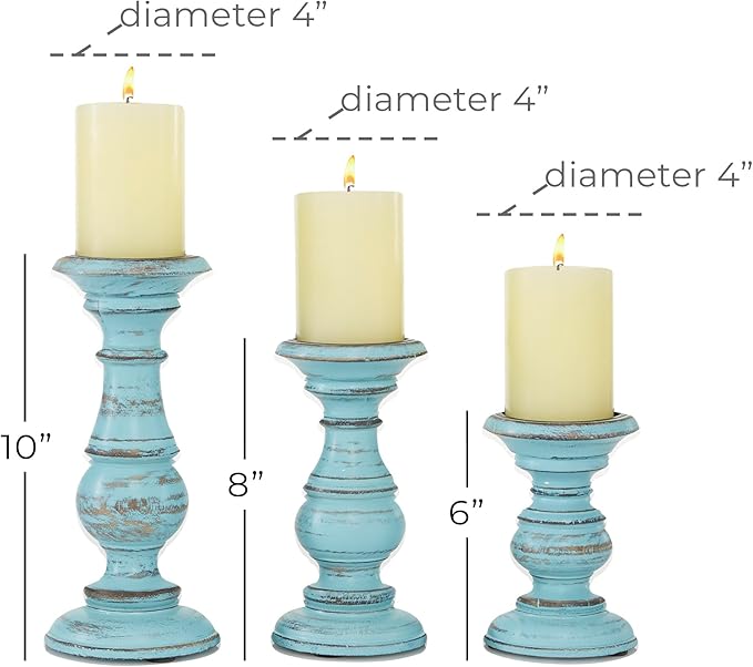 Deco 79 Mango Wood Decorative Candle Holder Distressed Turned Pillar Candle Stand, Set of 3 Candlestick Holder 6", 8", 10"H, Light Blue