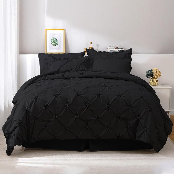 JOLLYVOGUE Queen Comforter Set 7 Pieces, Black Bed in a Bag Comforter Set for Bedroom, Bedding Comforter Sets with Comforter, Sheets,Ruffled Shams & Pillowcases
