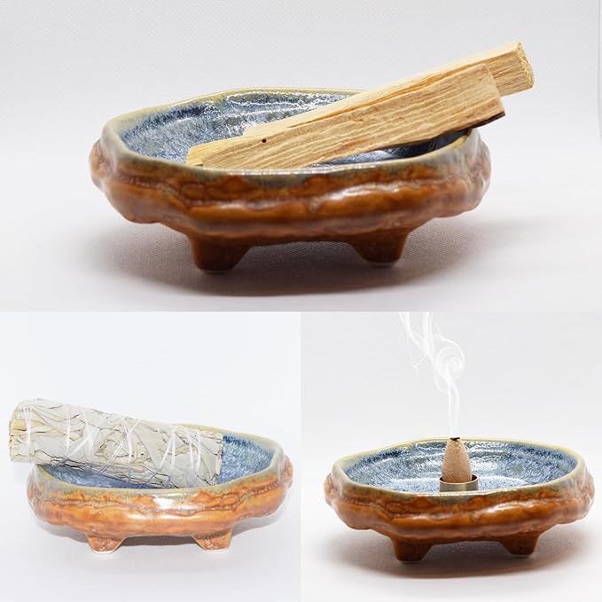 Ceramic Incense Burner Holder for Sticks, Handmade Palo Santo Holder, Incense Cone Dish Bowl for Coil, Sage Cones, Ash Catcher, Smudge Bowl for Yoga Meditation Room Décor