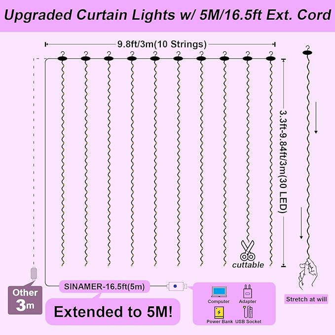 Purple Curtain Light for Bedroom, 300 LED 9.8ft x 9.8ft Window Fairy Curtain String Light with 16 Hooks, 8 Models Remote Control for Wedding Party Home Garden Indoor Decorations