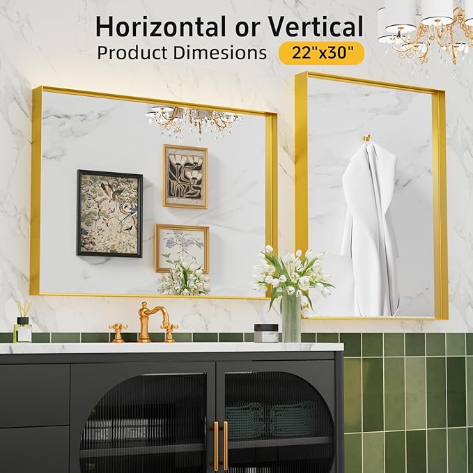 22x30 Inch Gold Bathroom Mirrors for Over Sink, Rectangular Vanity Mirror, Wall Mounted Mirrors, Anti-Rust, Tempered Glass, Framed Vanity Mirror, Horizontal or Vertical