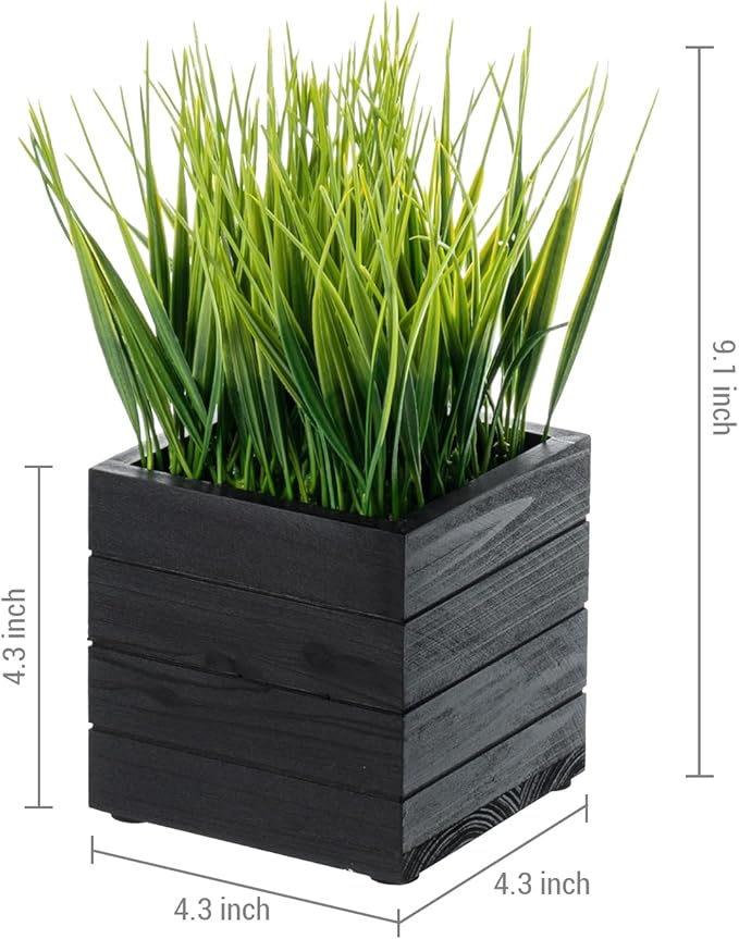 MyGift Artificial Green Grass Plants in Vintage Black Wood 4 Inch Planter Boxes, Faux Greenery in Decorative Square Crate Style Wooden Containers, Set of 3