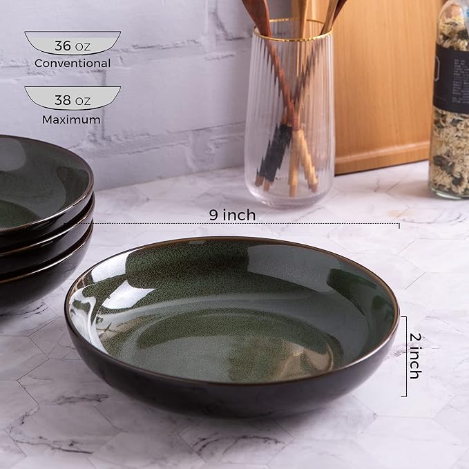 LERATIO 9.0" Pasta Bowls,38oz Ceramic Pasta Bowls,Reactive Glaze Pasta Bowl Set of 4,Microwave & Dishwasher,Oven Safe,Large Wide Serving Bowls for Salad, Dessert,Scratch Resistant-Green