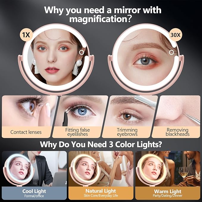 MIYADIVA Makeup Mirror with Lights, 20X Magnifying Mirror with Light and Touch Switch, Vanity Mirror with 3 Color Light and 80 LEDs, Height Adjustable Desk Mirror with Light, Pink