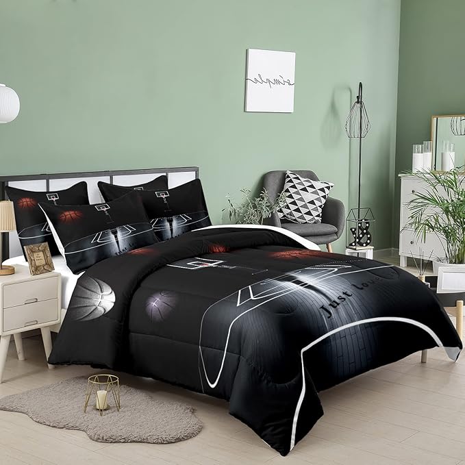 Tailor Shop Sports Basketball Comforter Set for Boys Teens Men Black Basketball Court Comforter Basketball Quilt Bedding Set Soft Lightweight Microfiber Full Size with 1 Comforter 2 Pillowcases…