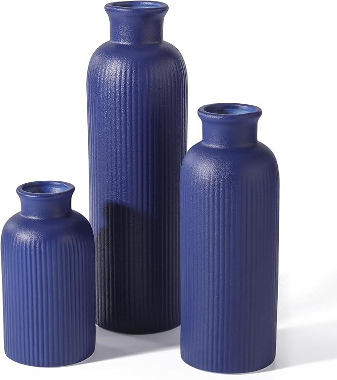 Small Navy Blue Ceramic Vase Set of 3, Boho Modern Navy Blue Flower Vase Room Decor, Farmhouse Decor, Vases for Your Kitchen, Bathroom, Bedroom, Living Room, Office&Shelf Centerpiece Table Decorations