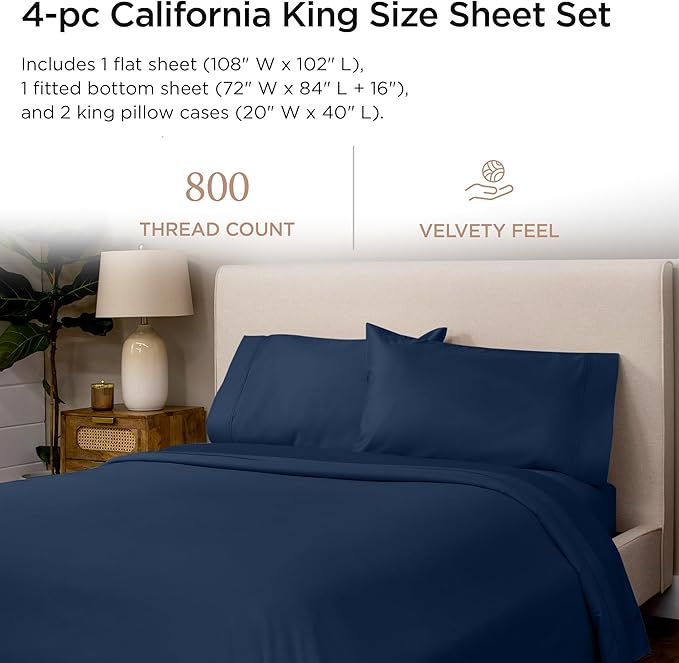 Threadmill Luxury 800 Thread Count California King 100% Cotton Sheets - Folkstone Blue Sateen Weave Bed-Sheets, Better Than Egyptian Cotton, 4 Pc Solid Bed Set, Fits 16" Deep Pocket