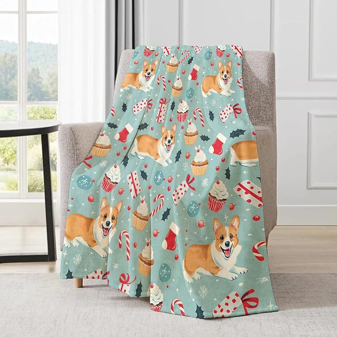 Cute Christmas Corgi Blanket - Festive Dog Fleece Throw,Gifts for Kids Adult, Soft & Warm,Lightweight, for Holiday Decor,Winter Celebration, and Room Home Accents 60x80in