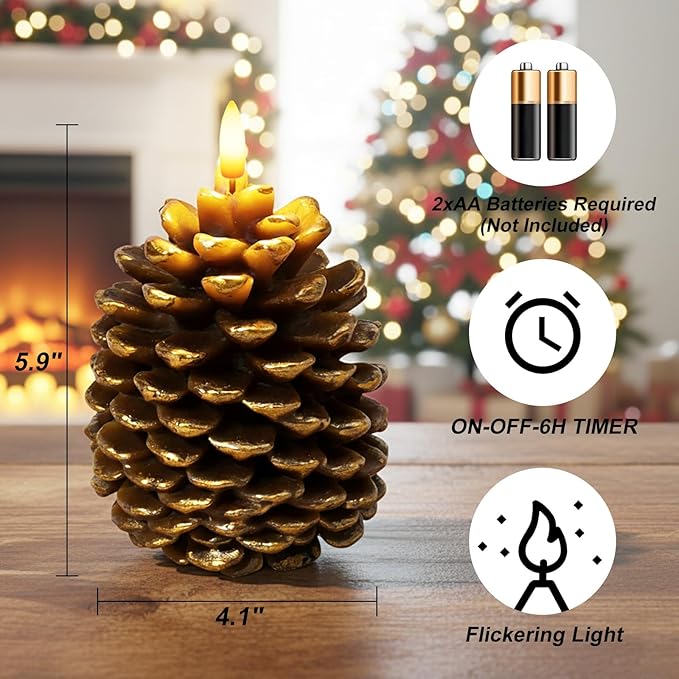Christmas Decorations Indoor, Christmas Decor - Pinecone Candles Battery Operated, Flickering Flameless LED Pine Cone Candles, 6H Timer, Fall Thanksgiving Xmas Home Table Room Holiday Decor, Set of 2