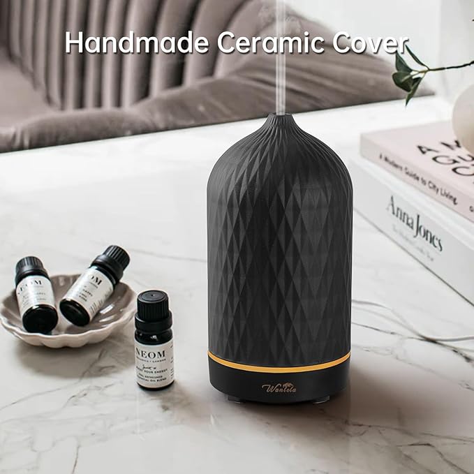 Wanlola Essential Oil Diffuser with Diamond Pattern,120ML Aromatherapy Ceramic Diffusers with Auto Off Function & Warm Light for Home,Decor,Black