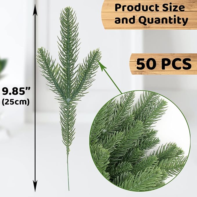 Hananona 50 Pcs Artificial Pine Branches Green Plants Pine Needles DIY Accessories for Garland Wreath Christmas and Home Garden Decor (50, Green)