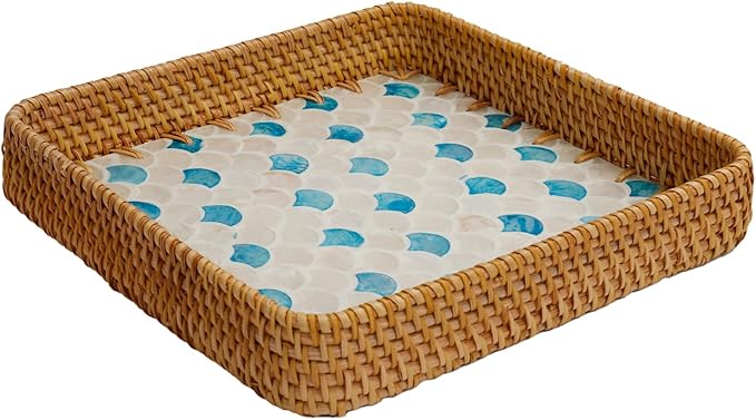 Rattan Tray with Mother of Pearl Inlay, Boho Coffee Table Decor, Decorative Serving Tray, Farmhouse Gift for Living Room & Bathroom