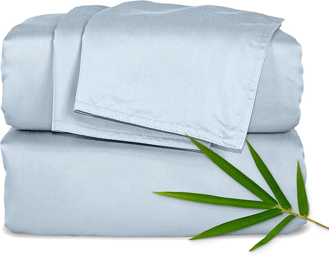 Pure Bamboo Queen Sheets, Genuine 100% Organic Viscose Derived from Bamboo Bed Sheet Set, Luxuriously Soft & Cooling, Double Stitching, Lifetime Quality Promise (Queen, Glacier)