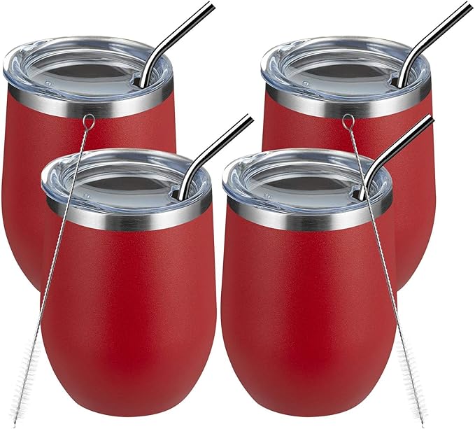 MEWAY 12oz/4 Pack Wine Tumbler Glasses with Lid - Stemless Double Wall Vacuum Stainless Steel Travel Tumbler - Keeping Cold & Hot for Wine,Coffee,Cocktails,Drinks-Family and Gifts (Red,Set of 4)