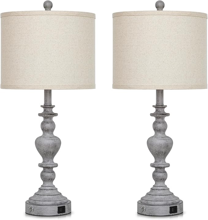 27" Tall Table Lamps for Living Room, 3-Way Dimmable Touch Control Farmhouse Vintage Table Lamps Set of 2 with USB C+A Ports and AC Outlets, Rustic Bedside Nightstand Lamp for Bedrooms Office Grey