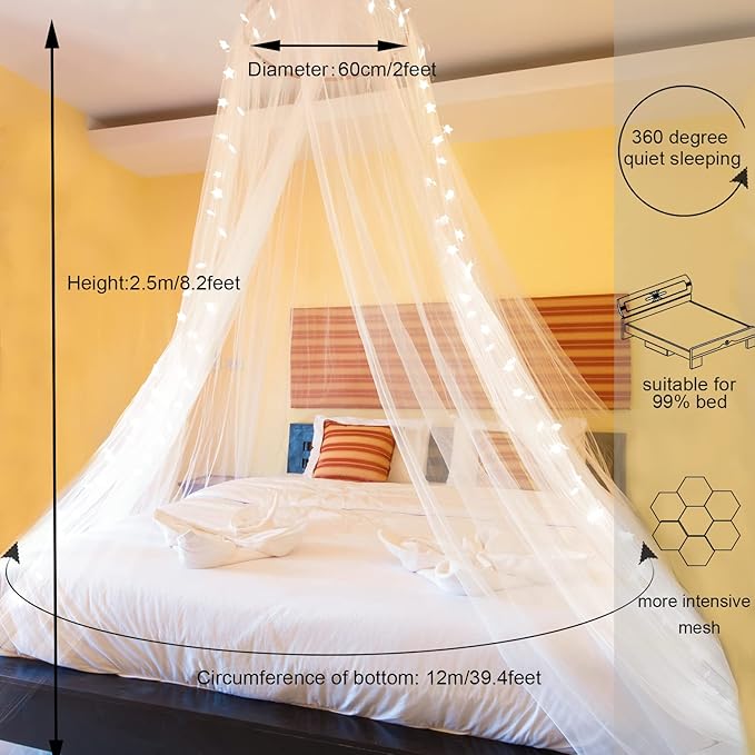 Obrecis Bed Canopy with LED Star Lights, Princess Canopy Bed Curtain with 18 Colors Changing String Lights Remote Timer for Girls Bedroom, Pink Red Blue White Dome Canopy for Twin to King Size Bed