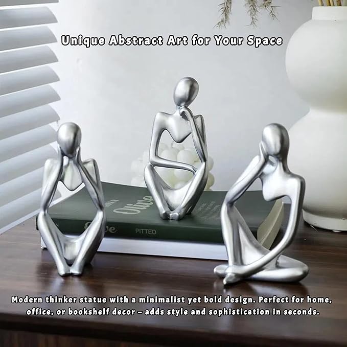 Thinker Statue Decor, Abstract Resin Sculpture – Modern Art Figurine for Home, Office, Bookshelf, Desk Decoration | Meaningful Housewarming, Birthday, Graduation Gift (Silver)