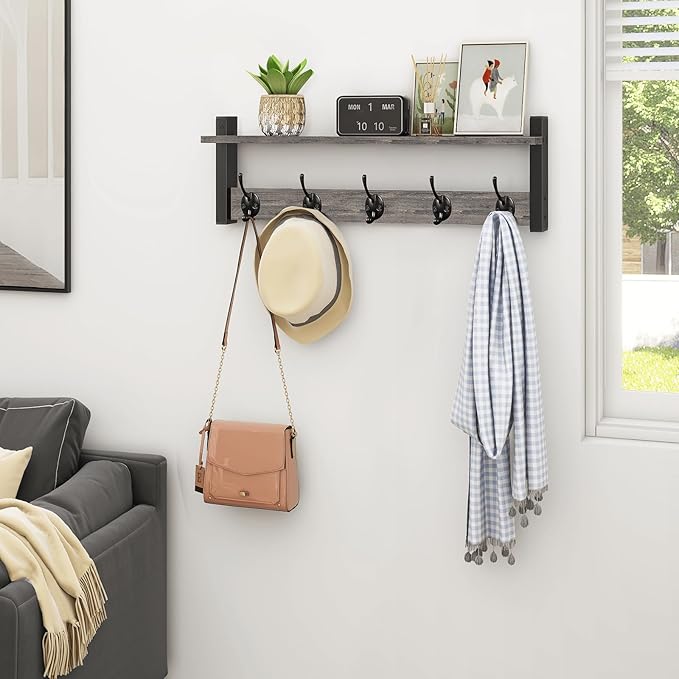 Homode Wall Hooks With Shelf, 24 Inch Coat Rack Wall Mount for Entryway, Clothes, Backpack, Key, Purse - Floating Shelf Hanging in Bathroom, Bedroom, Hallway, Rustic Grey