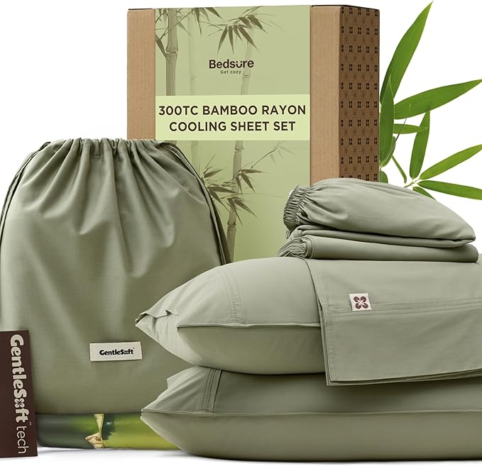 Bedsure Cooling Sheets, Rayon Derived from Bamboo & Cotton Blend, GentleSoft, Breathable, Queen Sheet Set, Deep Pocket Up to 18 Inches, Hotel Luxury Bedding for Hot Sleepers, Sage Green
