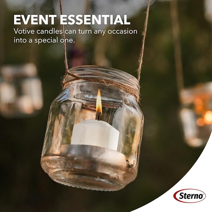 Sterno 72-Pack Votive Candles Bulk Pack - Long Lasting Tea Lights, Burns Up to 10 Hours - Unscented White Votive Candles for Indoors or Outdoors - Use as Party Decor or Centerpiece Table Decorations