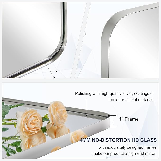 ANDY STAR Chrome Mirror for Bathroom, 22"x30" Metal Frame Wall Mirror with Rounded Corner, Modern Rectangle Bathroom Vanity Mirror（Polish Finish）