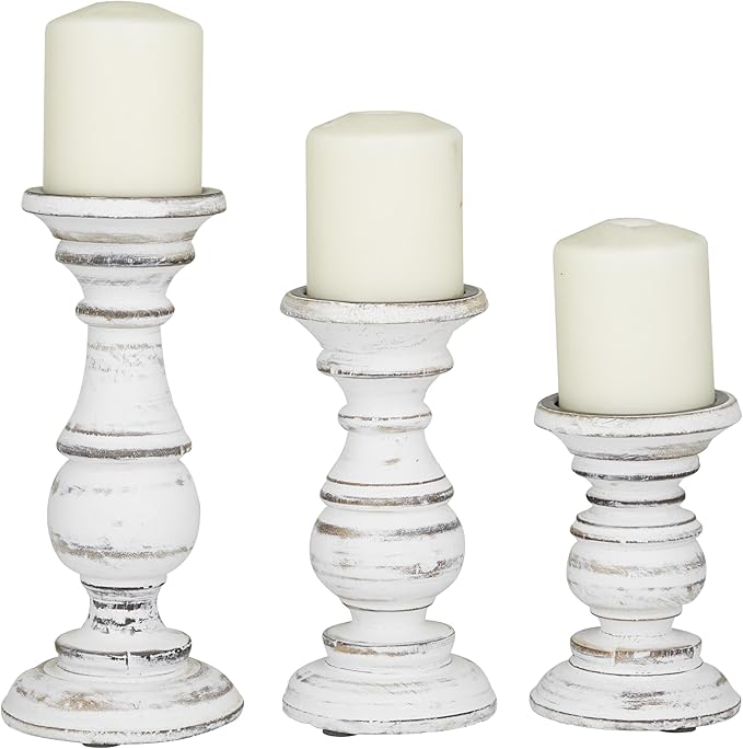 Deco 79 Mango Wood Decorative Candle Holder Turned Style Pillar Candle Stand, Set of 3 Candlestick Holder 10", 8", 6”H, White