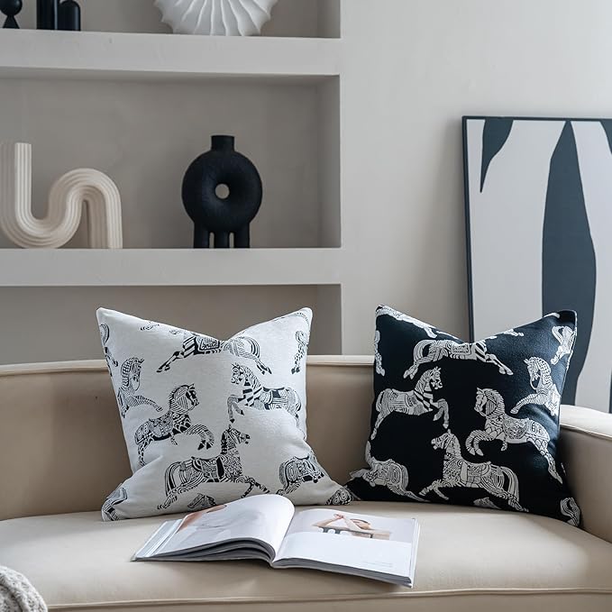 Premium Throw Pillow Covers 20x20 Inches - Black Palace White Horse Chenille Jacquard Embroidery Decorative Couch Pillow Covers for Living Room Bedroom Sofa Home Décor