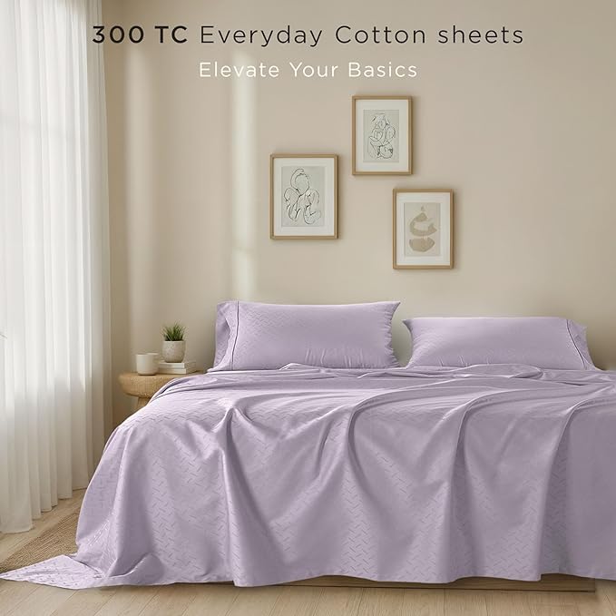 Threadmill Cotton Twin XL Sheet Set | 100% Cotton Sheets for Twin XL Size Bed | Damask Jacquard Sateen Twin XL Bed Sheets Set with 16” Deep Pocket | Soft Breathable 3-Piece Cooling Sheet Set | Lilac
