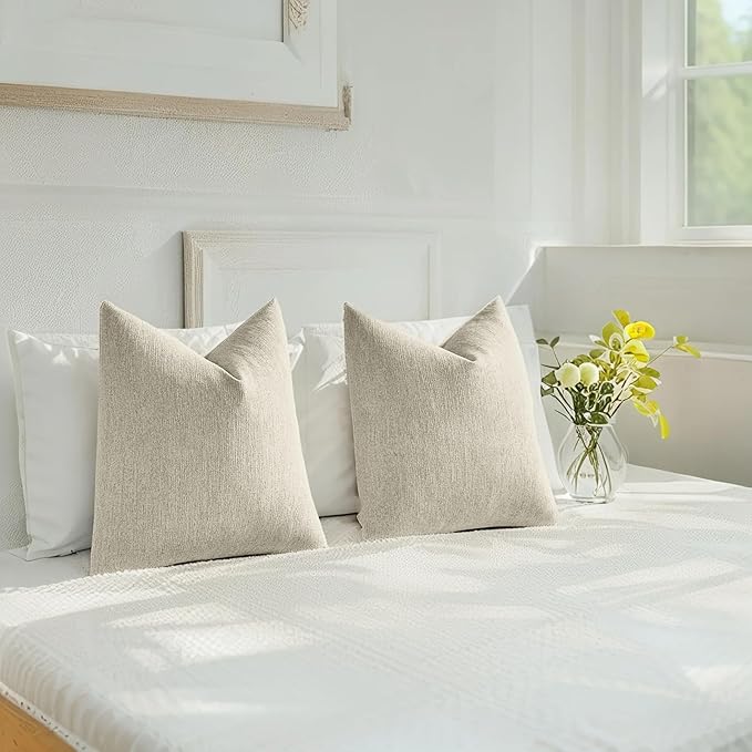 HAUSSY Beige Throw Pillow Covers 20x20 Inch Set of 2,Boho Decorative Faux Linen Throw Pillows Cozy Farmhouse Accent Cushion Covers,Home Decor for Couch Sofa Bed Living Room