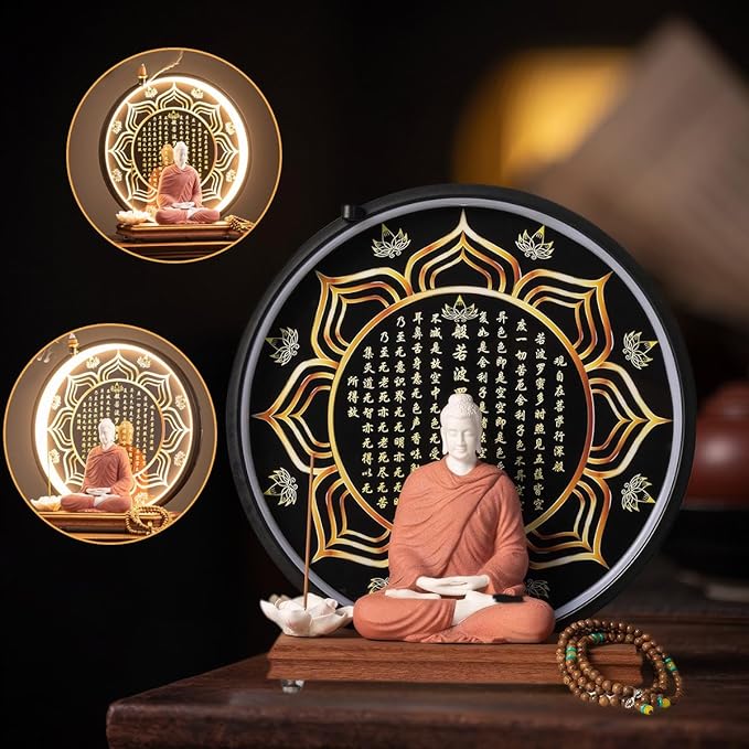 Shakyamuni Buddha Ceramic Statue Indoor Backflow Incense Burner with Led Ring Light Heart Meridian Painting，Meditation Decoration for Home and Office, Suitable for Cone and Stick Incense
