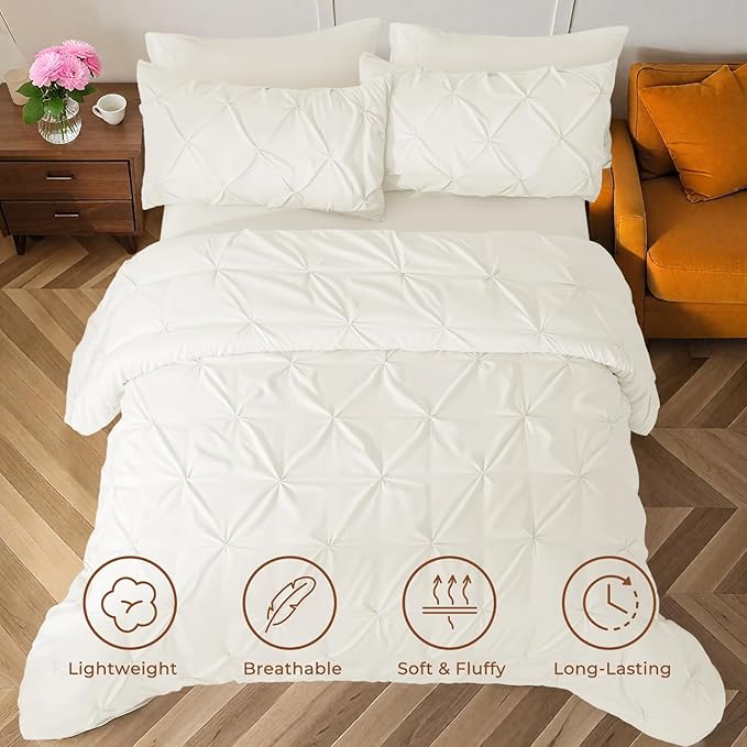 Sasttie Twin Comforter Set, 5-Piece Bed in a Bag, Pintuck Bedding Sets for All Season, Includes Comforter, Flat Sheet, Fitted Sheet, Pillowcase and Pillowsham, Ivory