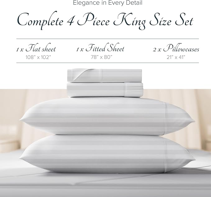 Carressa Linen Egyptian Cotton Sheets - 1500 Thread Count 4 PC King Sheet Set Egyptian Cotton, Luxury Damask Sheets King Size, Silky Soft, Cooling Deep Pocket Sheet, Fits Upto 19" - White Stripe